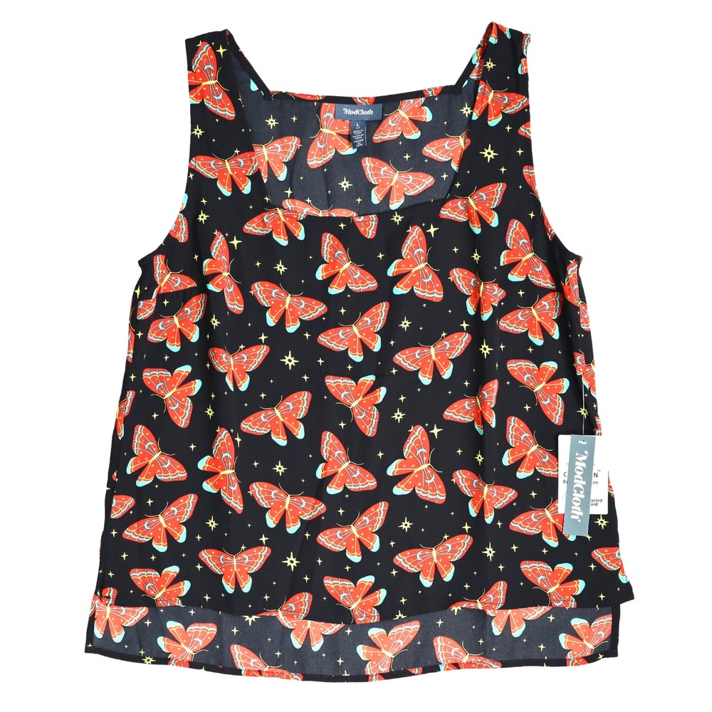 ModCloth Black Vintage Butterfly Tank Top Womens L Cotton Lightweight Sleeveless